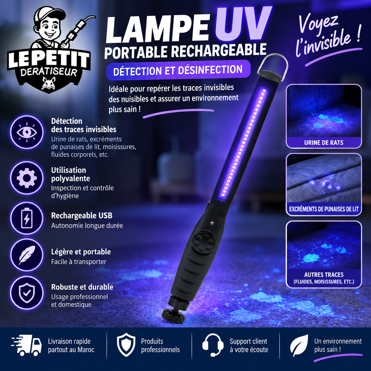 Lampe UV Portable Rechargeable pour Détection et Désinfection – Idéale pour Urine de Rats, Excréments de Punaises de Lit et Plus Lampe UV Portable Rechargeable pour Détection et Désinfection – Idéale pour Urine de Rats, Excréments de Punaises de Lit et Plus