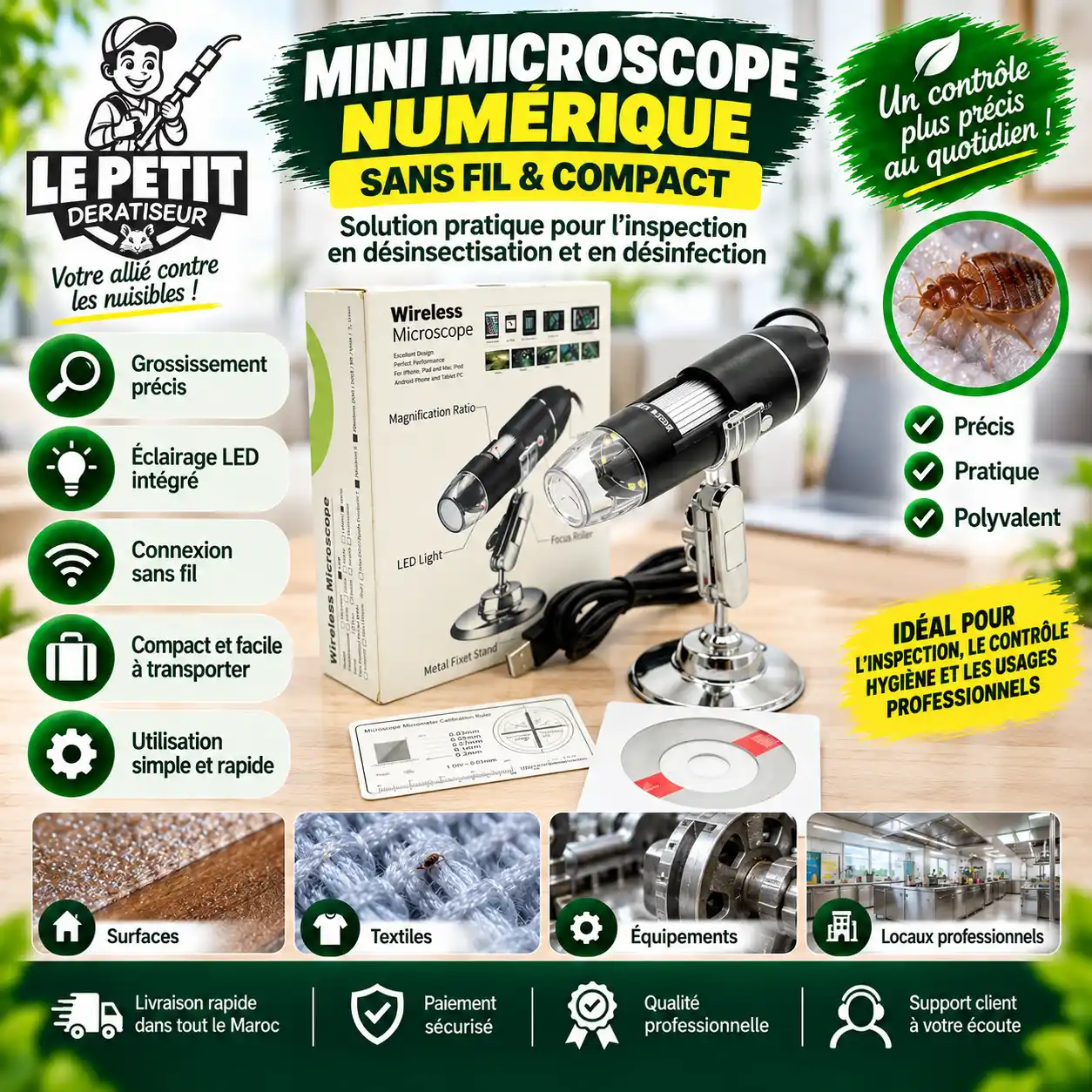 Mini Microscope Numérique pour Désinsectisation et Désinfection : Compact et Puissant 1 Mini microscope numérique sans fil avec éclairage LED pour inspection professionnelle, désinsectisation, hygiène et contrôle des surfaces au Maroc. (1)