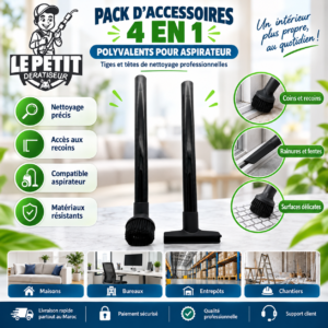 Pack d'Accessoires 4 en 1 Polyvalents pour Aspirateur – Tiges et Têtes de Nettoyage Professionnelles