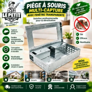 Accueil 23 Piège à souris en métal multi-capture avec fenêtre transparente, solution professionnelle de dératisation pour maisons, entrepôts, restaurants et locaux professionnels.
