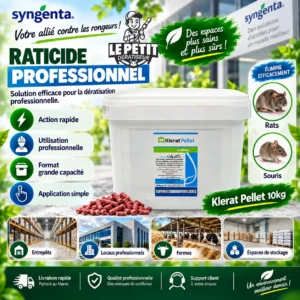 Accueil 22 Raticide professionnel Klerat Pellet 10 kg pour rats et souris, granulés rouges avec logo Le Petit Dératiseur, idéal pour entrepôts, fermes et locaux professionnels. (1)