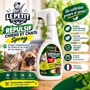 Spray répulsif Protecta 500 ml pour éloigner les chiens et chats des zones sensibles. Solution pratique pour jardins, terrasses et espaces extérieurs chez le petit deratiseur