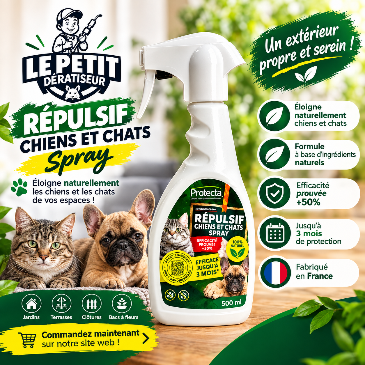 Spray Répulsif Chiens & Chats – Protection Longue Durée Jusqu’à 3 Mois – 500 ml 1 Spray répulsif Protecta 500 ml pour éloigner les chiens et chats des zones sensibles. Solution pratique pour jardins, terrasses et espaces extérieurs chez le petit deratiseur